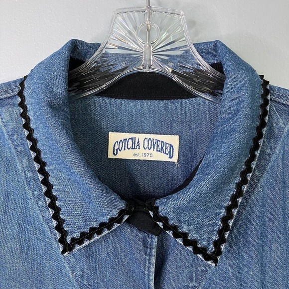 Vtg Gotcha Covered Denim Button Up Shacket Colorful Geometric Embroidered Size L - Picture 7 of 16